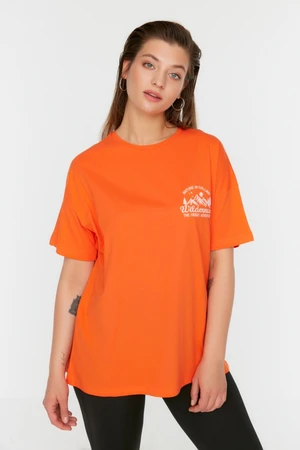 Trendyol Curve Orange Printed 100% Cotton Knitted T-Shirt