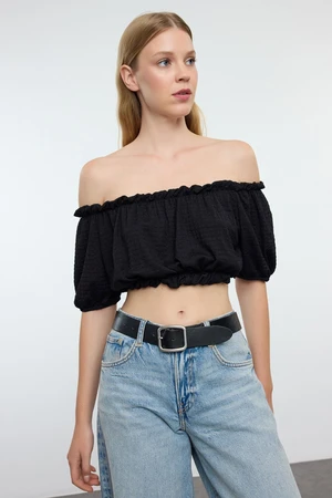 Trendyol Black Carmen Collar Wrap Crop Knitted Blouse