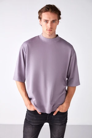 GRIMELANGE Men's Ascolı Oversize Fit Special Thick Textured Fabric High Collar Lilac T-shirt