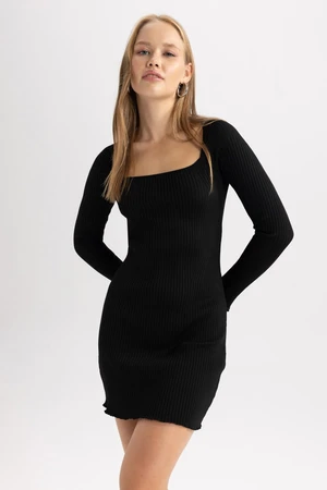 DEFACTO Cool Slim Fit Square Neck Long Sleeve Mini Knit Dress