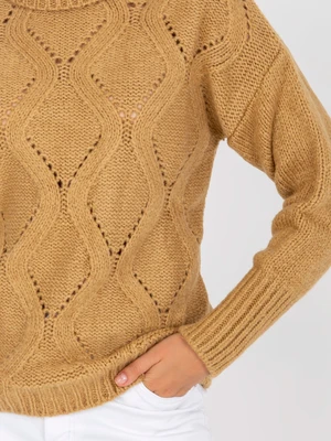 RUE PARIS camel openwork sweater with turtleneck