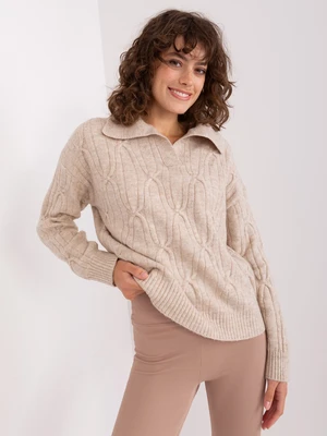 Beige sweater with cables and collar