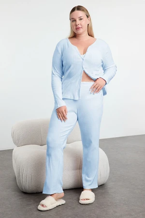 Trendyol Curve Baby Blue Brushed Soft Ribbed Cardigan Knitted Pajama Set