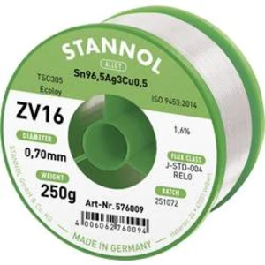 Bezolovnatý pájecí cín Stannol ZV16, bez olova, 250 g, 0.7 mm