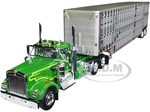 Kenworth W900A Day Cab and Wilson Silverstar Livestock Tandem-Axle Trailer Neon and Dark Green 1/64 Diecast Model by DCP/First Gear