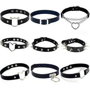 Harajuku Punk Rock Gothic Choker Necklace Women Sexy PU Leather Heart Lock Key Spike Collar Chocker Gothic Cosplay Accessories