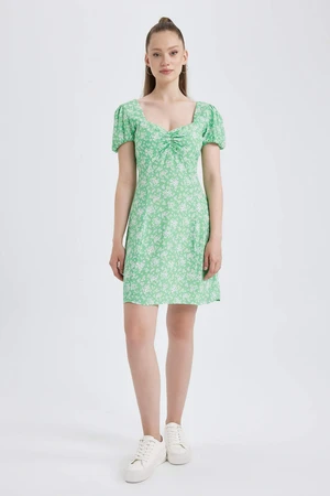 DEFACTO Heart Collar Floral Balloon Sleeves Mini Short Sleeve Woven Dress