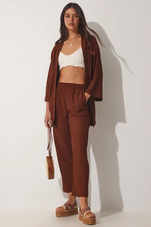 Happiness İstanbul Women's Brown Kimono Pants Knit Set