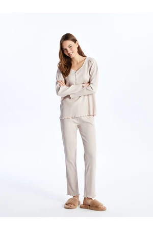 LC Waikiki V-Neck Plain Long Sleeve Women's Pajama Set