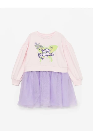 LC Waikiki Girl's Dress with a Crew Neck Printed Long Sleeve