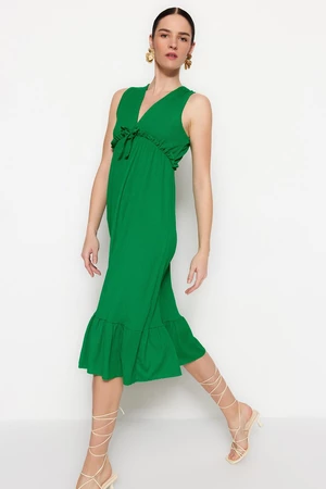 Trendyol Green V-Neck Flounce Detailed A-Line Midi Knitted Dress