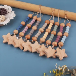 Safety Wooden Baby Infant Toddler Dummy Pacifier Silicone Soother Nipple Clip Chain Holder Strap Baby Chew Toy Teether Teething