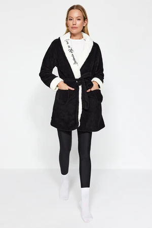 Trendyol Black Belted Pocket Slogan Embroidered Wellsoft Knitted Dressing Gown