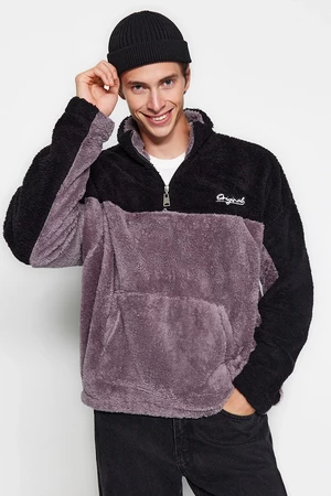 Trendyol Black Unisex Plus Size Oversize/Wide Fit Color Block Embroidered Plush Plush Sweatshirt