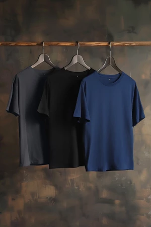 Trendyol 3-Pack Black-Navy Blue-Anthracite Regular/Normal Cut Basic T-Shirt