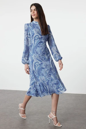 Trendyol Dark Blue Patterned Flounce Midi Woven Dress