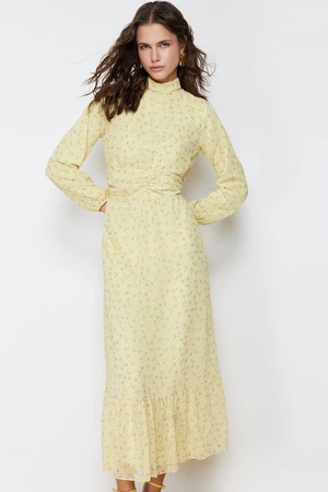 Trendyol Yellow Floral High Neck Waist Detailed Lined Chiffon Woven Dress