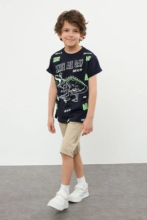 Trendyol Navy Blue Boy's Dinosaur Patterned Short Sleeve Knitted T-Shirt