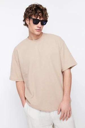 Trendyol Camel Oversize/Wide Cut Crew Neck Short Sleeve Basic Textured T-shirt