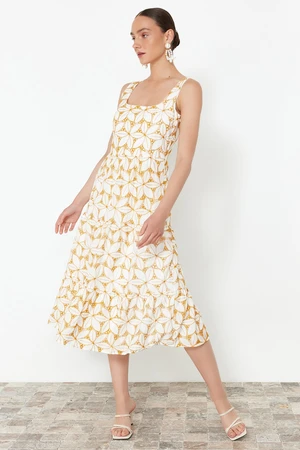 Trendyol Yellow Waist Midi Woven Floral Embroidery Dress