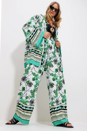 Trend Alaçatı Stili Women's Green-White Kimono Jacket and Palazzo Pants Set