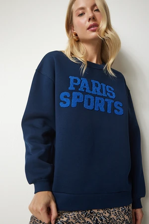 Happiness İstanbul Women's Navy Blue Embroidered Raised Oversize Sweatshirt