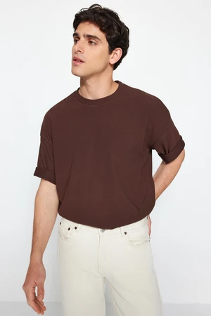 Trendyol Brown Premium Oversize/Wide Cut Textured Ottoman T-Shirt