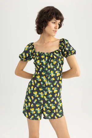 DEFACTO Sweetheart Neckline Lemon Patterned Short Sleeve Mini Jumpsuit