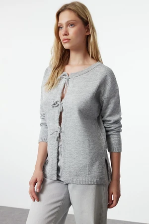 Trendyol Gray Soft Textured Ribbon/Bow Detailed Knitwear Sweater-Cardigan