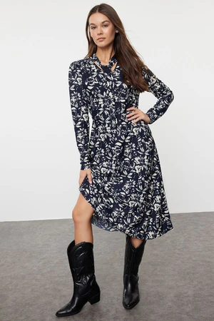 Trendyol Navy Blue Floral Printed Fitted Maxi Halter Neck Detailed Stretch Knit Dress