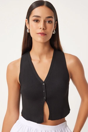 Happiness İstanbul Women's Black V-Neck Crop Knitwear Vest