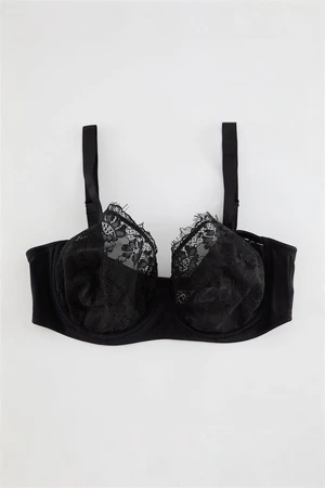 Trendyol Curve Black Half-Covered Knitted Lace Fringed Plus Size Bra