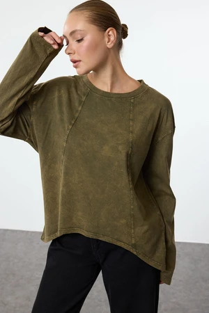 Trendyol Khaki Washed/Faded Effect Sewing Detailed Asymmetrical Crew Neck Knitted T-Shirt