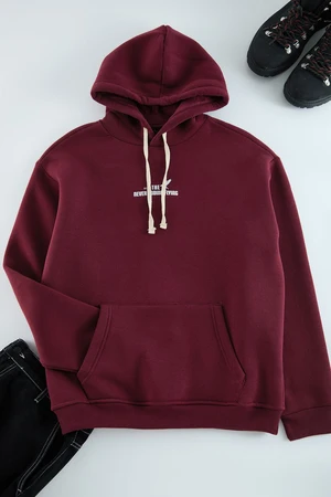 Trendyol Claret Red Oversize/Wide Cut Hooded Printed Fleece Inside Cotton Sweatshirt