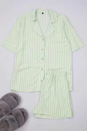 Trendyol Green Striped Viscose Top Wide Pattern Woven Pajama Set