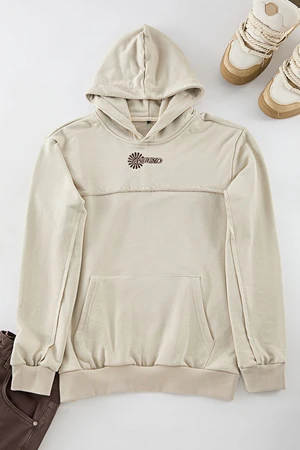 Trendyol Beige Premium Regular Cut Sweatshirt with Stitching Detail and Text Embroidery