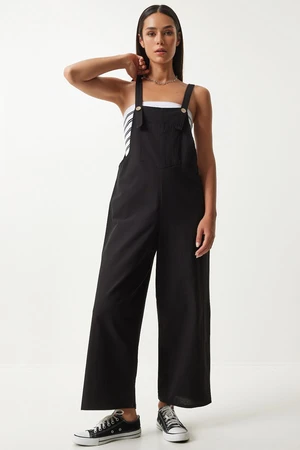 Happiness İstanbul Women's Black Strappy Thin Gabardine Summer Gardener Overalls