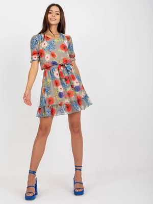 Khaki mini dress in flowers with short sleeves Blake