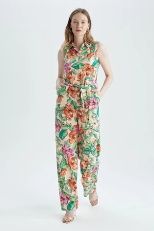 DEFACTO Shirt Collar Floral Sleeveless Long Jumpsuit