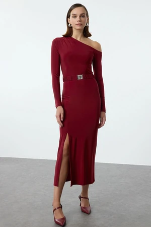 Trendyol Claret Red Straight Belt Detailed Fitted Flexible Maxi Knitted Dress