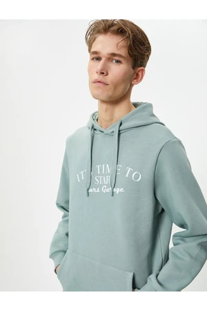 Koton Slogan Printed Hoodie Hooded Kangaroo Pocket Detailed