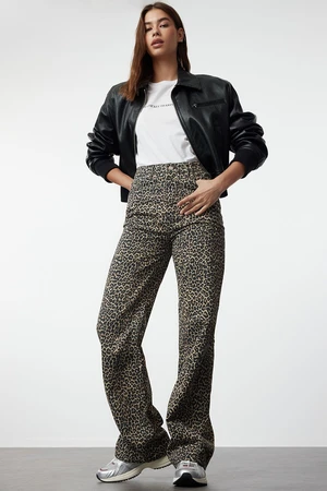 Trendyol Multicolored Leopard Print Brown High Waist Wide Leg Jeans