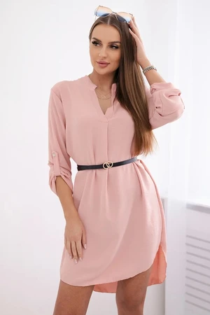 Dress with a longer back and a belt powder pink