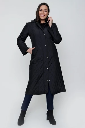 By Saygı Carrying Hooded Fur Inside With Pocket Diamond Patterned Plus Size Coat Black