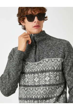 Koton Jacquard Sweater Stand-Up Collar Zipper Detail