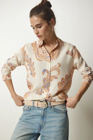 Happiness İstanbul Women's Cream Orange Patterned Viscose Woven Shirt