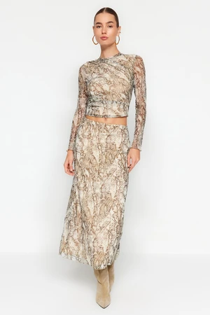 Trendyol Khaki Patterned Draped Tulle Knitted Skirt