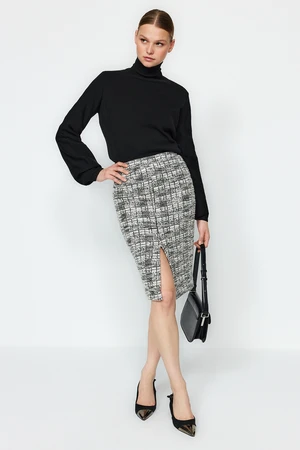 Trendyol Black Tweed Look Midi High Waist Skirt with a Slit