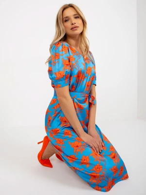 Blue and orange midi cocktail dress with belt