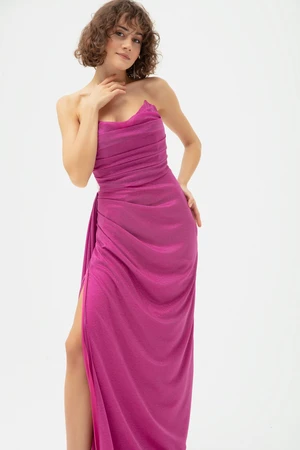 Lafaba Women's Fuchsia Chest Draped Slit Silvery Evening Dress